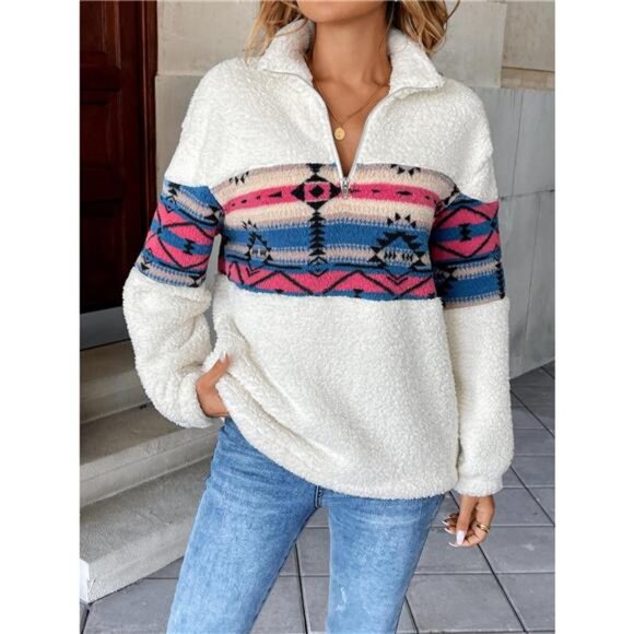 Cozy Sherpa Geometric Quarter Zip Sweatshirt - Picture 5 of 5